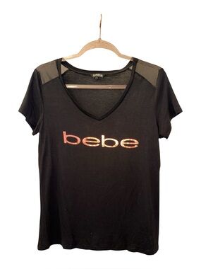 NWOT bebe Black V-Neck Tee with Metallic Rose Logo Script